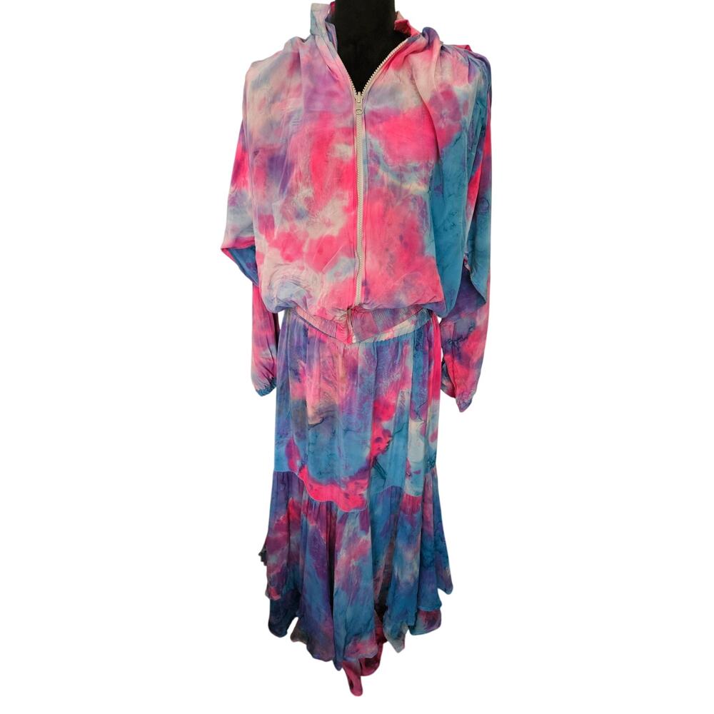 Vintage 80s 90s Silk Tie Dye 2 Piece Set Zip Jacket Tiered Maxi Skirt Pink Blue